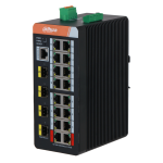 IS4420-16GT-240 - Switch industriale barra DIN 16 porta PoE+ 10-100-1000 Mbps / 4 porte fibra SFP, managed, potenza max. 240W, 90W su porte 1 e 2, funzione Long Distance (250mt) supportata, funzione Watchdog - Dahua